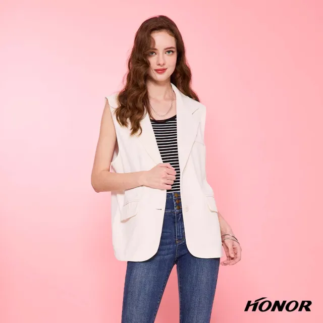 【HONOR 山形屋】出清品 俐落翻領裝飾口袋西裝背心外套-米白/藍(限定出清)