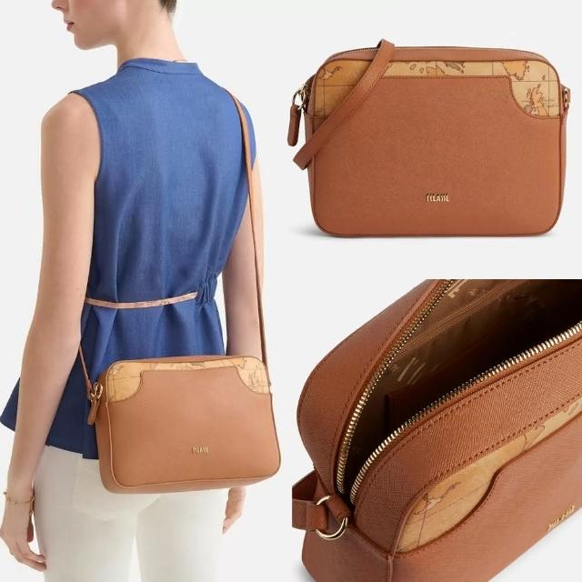 【Alviero Martini】義大利地圖包 地圖元素 簡約素面側背包(咖啡色)