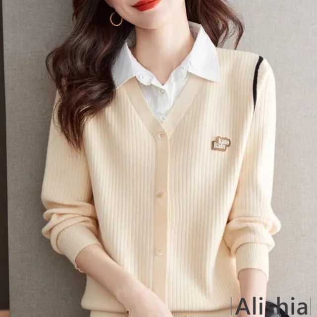 【Alishia】時尚假兩件寬鬆針織上衣 M-2XL(米色 / 灰色 / 黃色 / 黑色)
