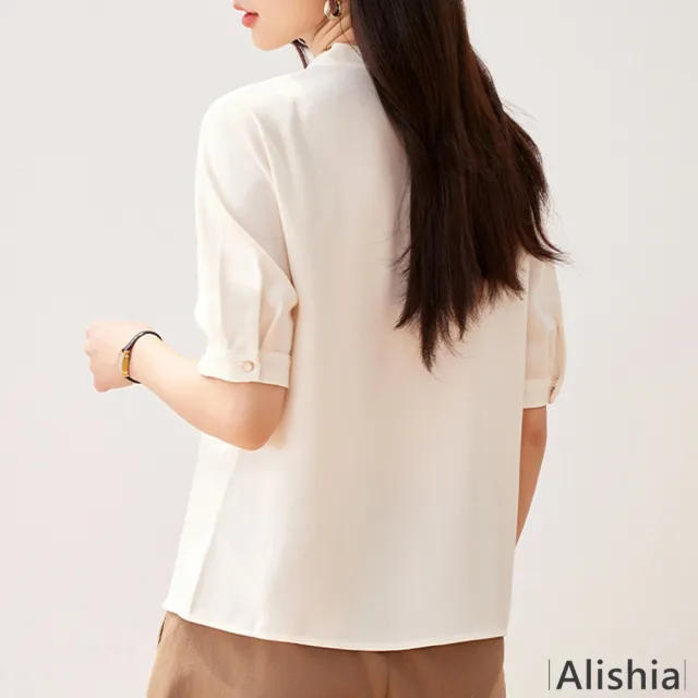 【Alishia】氣質顯瘦V領金屬釦短袖上衣 雪紡上衣 S-XL(杏色)
