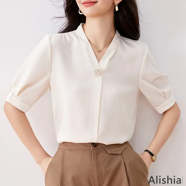 【Alishia】氣質顯瘦V領金屬釦短袖上衣 雪紡上衣 S-XL(杏色)