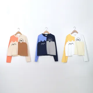 【Dailo】可愛貓狗色塊拼接厚磅短版棉長袖上衣(藍 桔 黃)