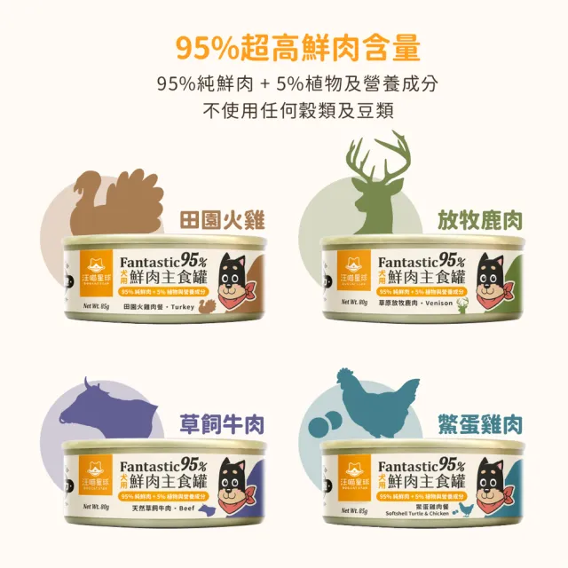 【汪喵星球】狗狗95%無膠主食罐80g*24入-草飼牛肉 / 放牧鹿肉(狗主食罐/犬罐 全齡適用)