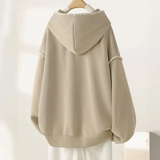 【MsMore】連帽抽繩學院風刺繡卡其長袖休閒減齡上衣#123817(卡其)
