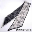 【AnnaSofia】仿絲領巾絲巾-罌粟線繪斜角 窄版緞面 現貨(黑白系)
