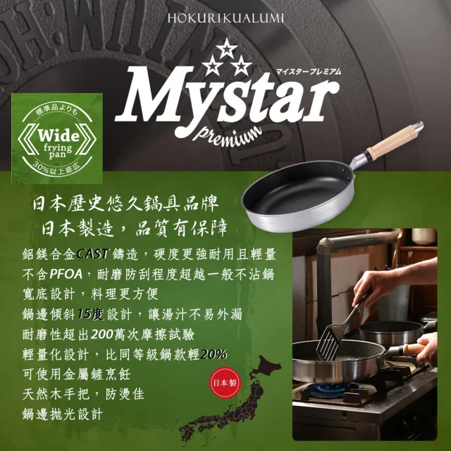 【hokua 北陸鍋具】日本製Mystar輕量級不沾黑金鋼平底鍋24cm(可用金屬鍋鏟烹飪)