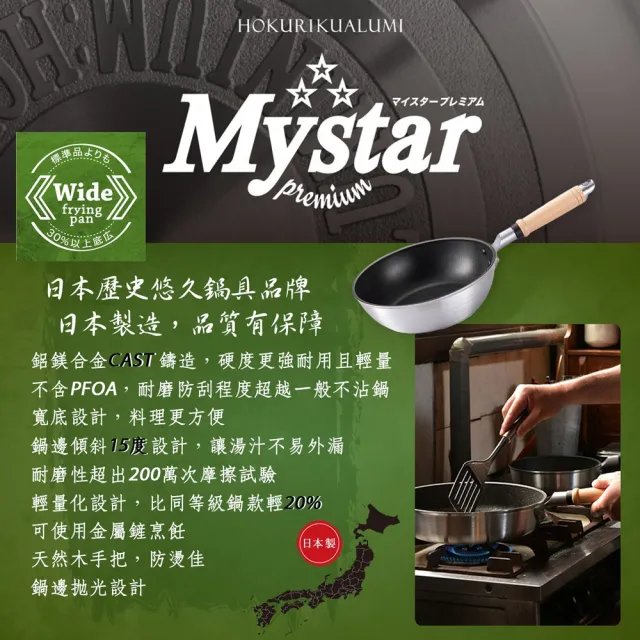 【hokua 北陸鍋具】日本製Mystar輕量級不沾黑金鋼深型平底鍋22cm(可用金屬鍋鏟烹飪)