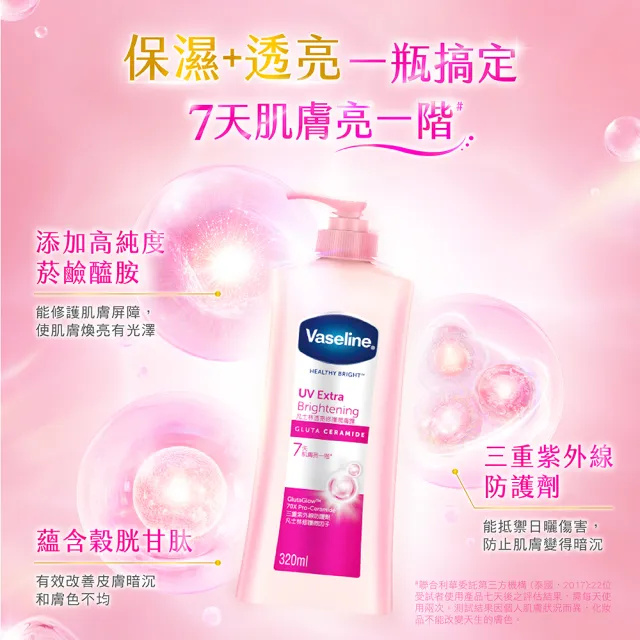 【Vaseline 凡士林】官方直營 透亮系列潤膚露320ml_2入組(十效彈潤/涼感水潤/SPF30透亮防曬 美白乳液)