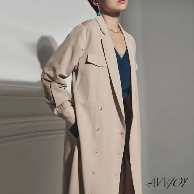【AVVJOY 艾薇卓爾】簡約雙排扣氣質風衣(上衣 外套 大衣 風衣 韓版風 長款風 防曬風衣 長款風衣 KC0005CW)