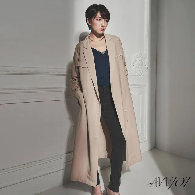 【AVVJOY 艾薇卓爾】簡約雙排扣氣質風衣(上衣 外套 大衣 風衣 韓版風 長款風 防曬風衣 長款風衣 KC0005CW)