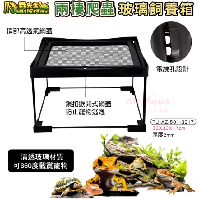 【爬蟲先生】玻璃爬蟲缸飼養箱 30×30×45高cm/採用清透玻璃材質/雙門滑軌(頂部高透氣網蓋3045)