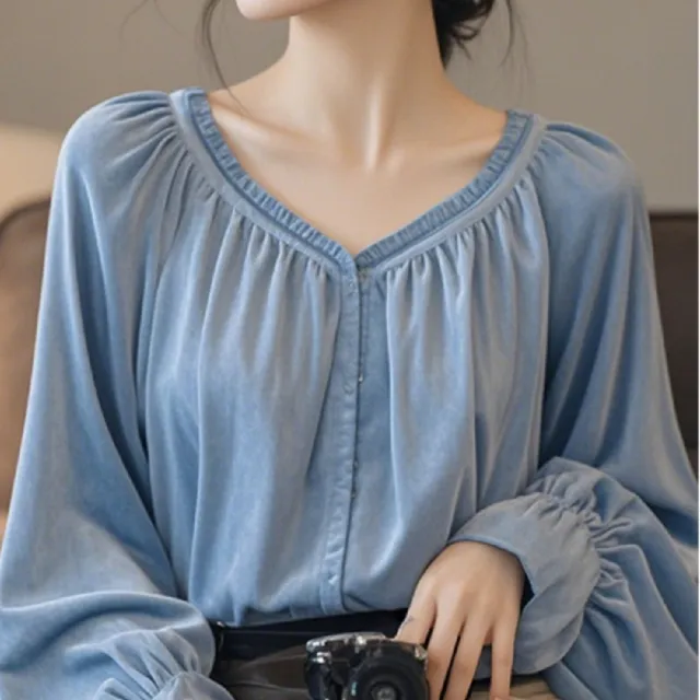 【LANNI 藍尼】★韓系質感藍色襯衫(女裝/長袖/V領/氣質/通勤/素色)