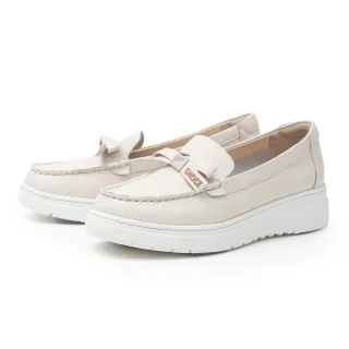 【CHOiCE】真皮LOGO飾釦蝴蝶結厚底休閒鞋(米色)