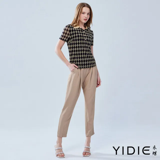 【YIDIE 衣蝶】花邊領抓皺菱格紋上衣-黑