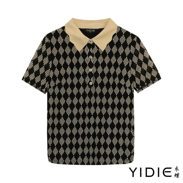 【YIDIE 衣蝶】花邊領抓皺菱格紋上衣-黑