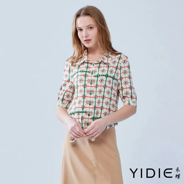 【YIDIE 衣蝶】跳色格紋線條綁帶雪紡上衣-米
