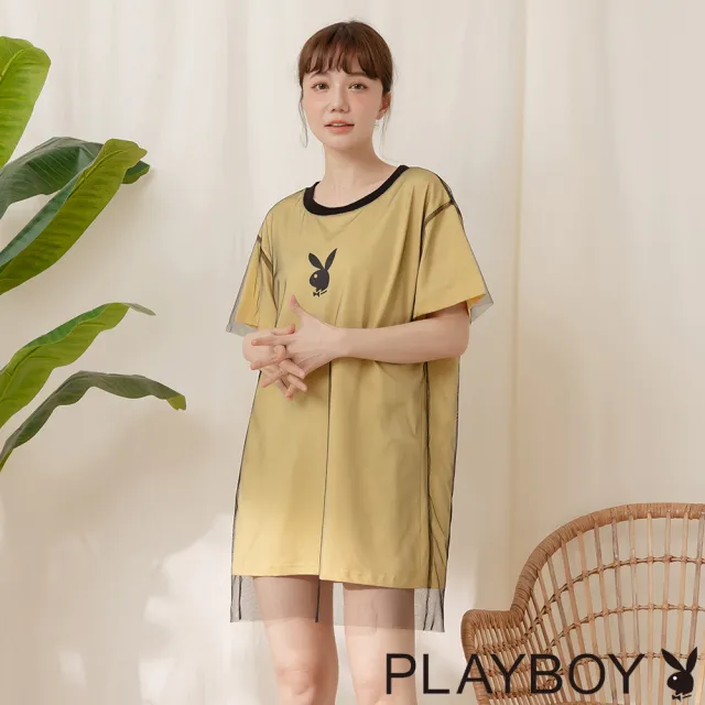 【PLAYBOY】假兩件個性黃色網洋裝(黃色)