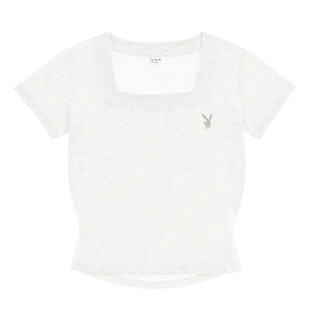 【PLAYBOY】方領後露腰短版T-SHIRT(淺麻灰色)
