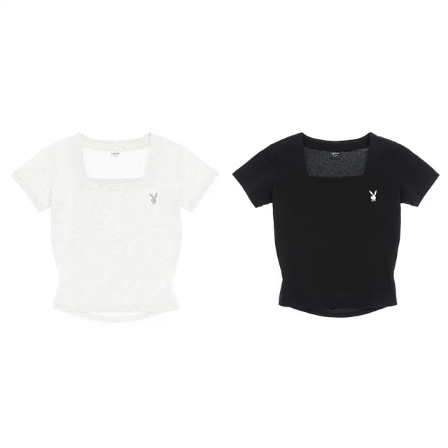 【PLAYBOY】方領後露腰短版T-SHIRT(淺麻灰色)