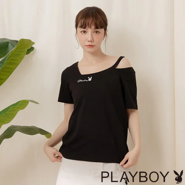 【PLAYBOY】涼感不對稱露肩T-SHIRT(黑色)