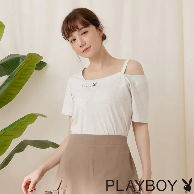 【PLAYBOY】涼感不對稱露肩T-SHIRT(淺麻灰色)
