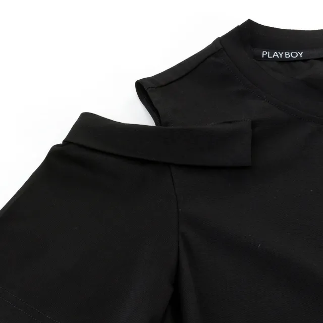 【PLAYBOY】修身裙襬網紗碎花洋裝(黑色)