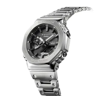 【CASIO 卡西歐】G-SHOCK 全重金屬打造八角防護構造太陽能藍牙雙顯錶-銀X黑面(GM-B2100D-1A)