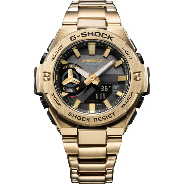 【CASIO 卡西歐】G-SHOCK 全重金屬打造八角防護構造太陽能藍牙雙顯錶-金X黑面(GST-B500GD-9A)