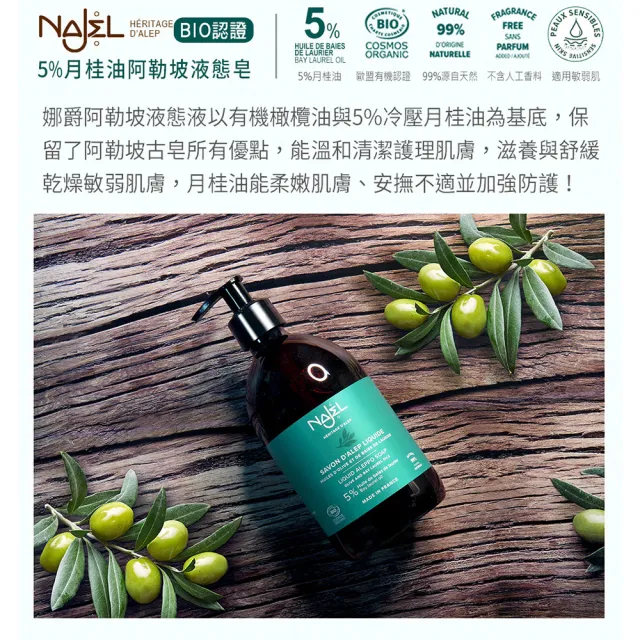 【法國NAJEL】BIO認證5%月桂油阿勒坡液態皂500mlx6入組(總代理公司貨)