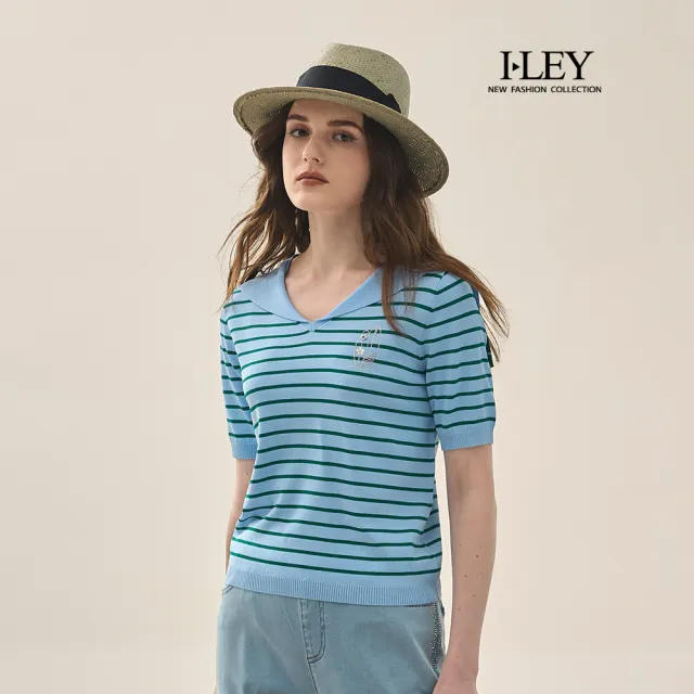 【ILEY 伊蕾】條紋水手領縲縈針織上衣(淺藍;M-XL;1251515004)