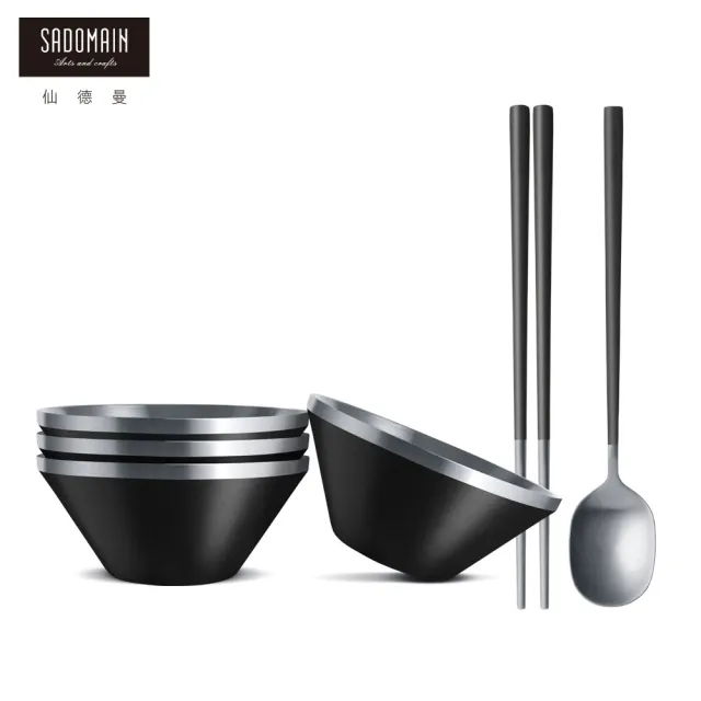 【SADOMAIN 仙德曼】（4入組）304不鋼雙層隔熱14cm+環保餐具組(附網袋/戶外露營/不銹鋼/雙層碗/湯匙/ 筷子)
