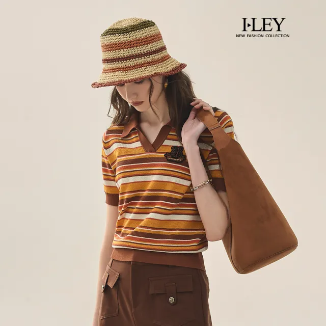 【ILEY 伊蕾】學院風條紋縲縈針織短袖上衣(咖;M-XL;1251515003)