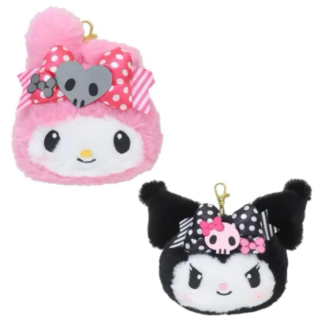 【小禮堂】雙11 Sanrio 三麗鷗 絨毛大臉造型伸縮票卡包  粉黑派對 美樂蒂 酷洛米(平輸品)