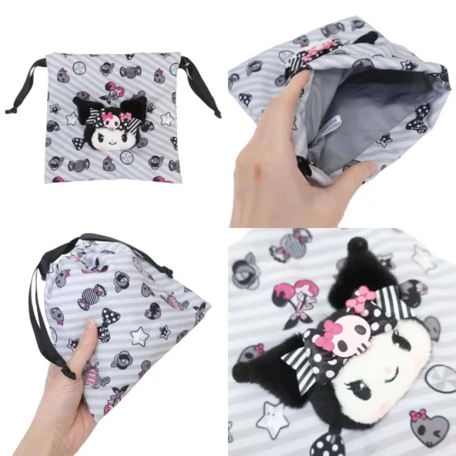 【小禮堂】雙11 Sanrio 三麗鷗 絨毛大臉造型束口收納包  粉黑派對 美樂蒂 酷洛米(平輸品)
