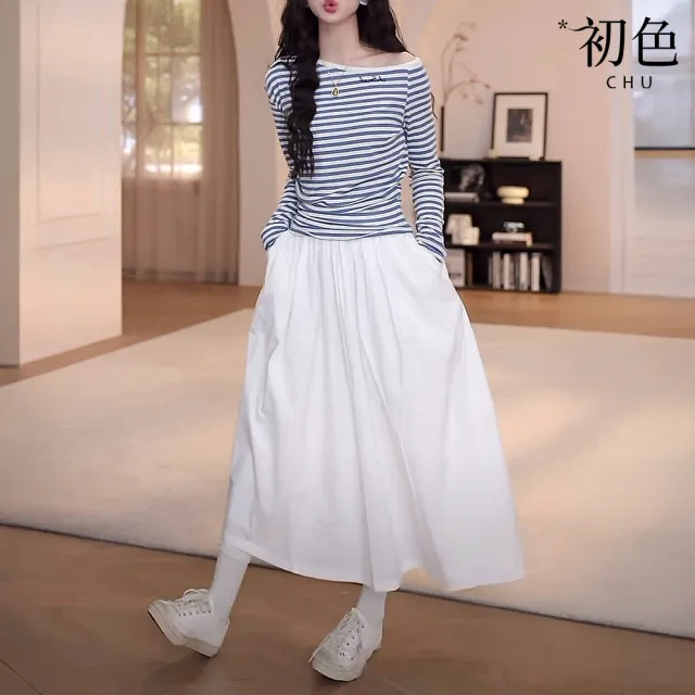 【初色】條紋斜肩修身長袖上衣女上衣+簡約純色A字半身裙長裙套裝-條紋衣白裙-10912(M-XL可選)