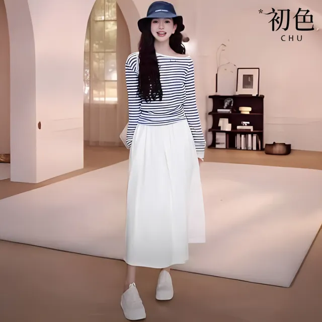 【初色】條紋斜肩修身長袖上衣女上衣+簡約純色A字半身裙長裙套裝-條紋衣白裙-10912(M-XL可選)