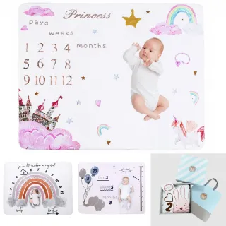 【Kori Deer 可莉鹿】彌月禮盒組-法蘭絨嬰兒童成長紀錄日期毯(嬰兒里程碑毯安撫毯包巾拍照背景毛毯空調毯)