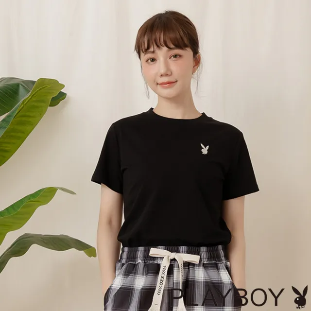 【PLAYBOY】簡約短版刺繡T-SHIRT(黑色)
