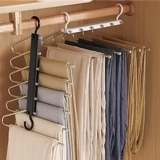 【新錸家居】2入組★6層不鏽鋼伸縮摺疊收納魔術褲架(晾曬吊掛衣櫃S型衣架夾/褲子/圍巾/毛巾/折疊多層懶人)