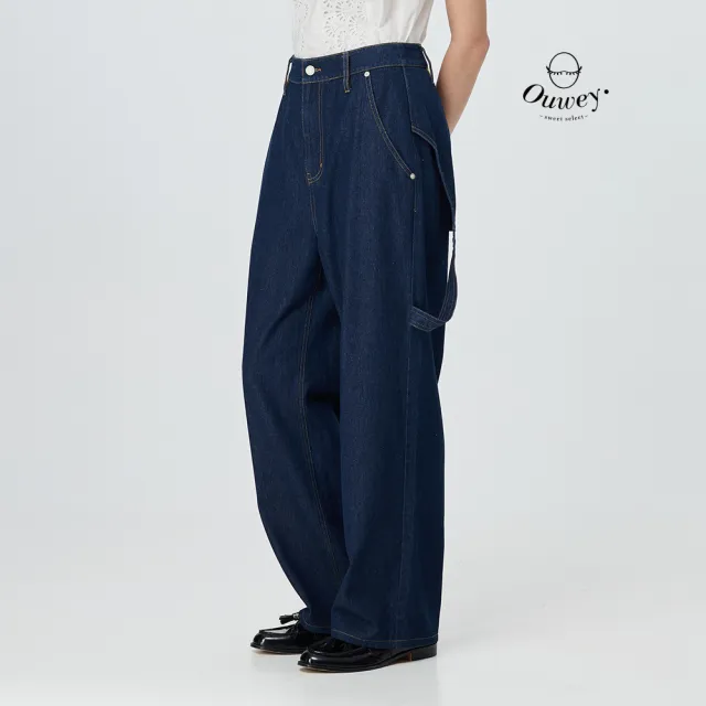 【OUWEY 歐薇】活片檔片純棉牛仔直筒褲(深藍；S-L；3252328626)
