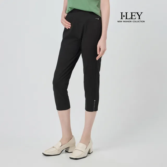 【ILEY 伊蕾】褲腳造型七分棉質窄管褲(黑;M-3L;1252336201)