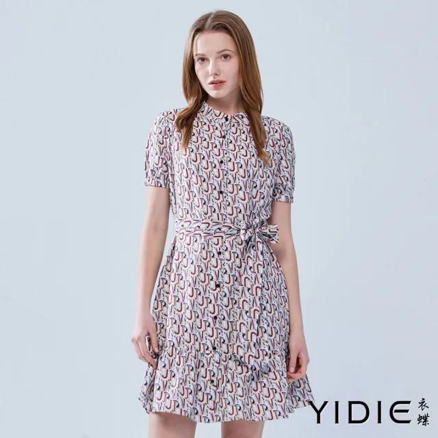【YIDIE】出清品 字母印花綁帶雪紡短洋裝-米