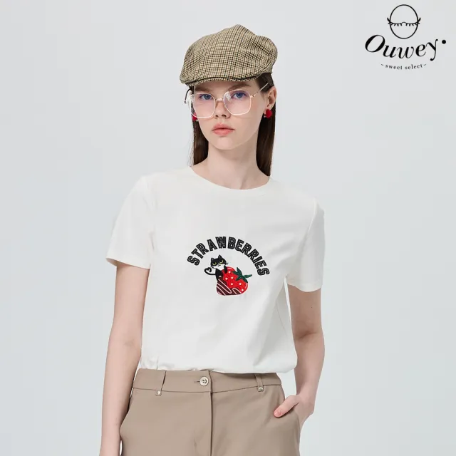 【OUWEY 歐薇】草莓巧克力醬圖案棉質T恤(白;S-L;3252161207)
