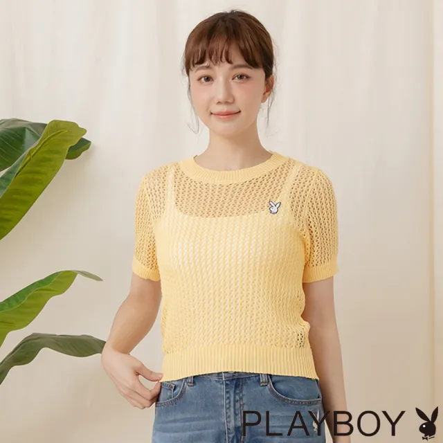 【PLAYBOY】冰絲手勾針織短袖上衣(黃色)