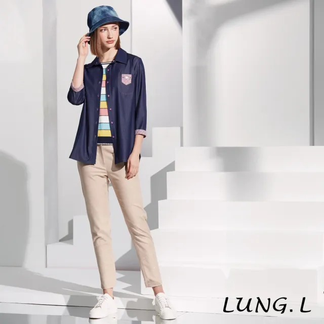 【LUNG.L 林佳樺】LS24C 藍色牛仔拼接粉色格紋七分袖女裝薄外套(春夏新品 加大尺碼)