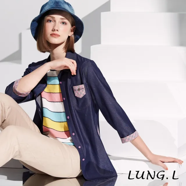 【LUNG.L 林佳樺】LS24C 藍色牛仔拼接粉色格紋七分袖女裝薄外套(春夏新品 加大尺碼)