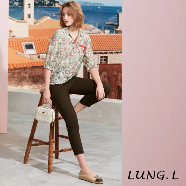 【LUNG.L 林佳樺】LS23A 綠色滿版印花造型口袋七分袖女裝上衣(春夏新品)