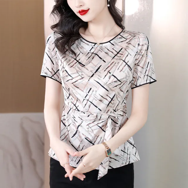 【ALLK 歐楷】新品上架 綁帶印花長上衣 淺杏色(尺寸L-XXL/中大尺碼/涼爽/透氣)