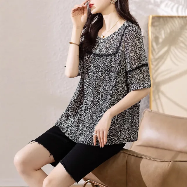 【ALLK 歐楷】新品 印花長上衣 黑色(尺寸L-XXL/中大尺碼/涼爽/透氣)