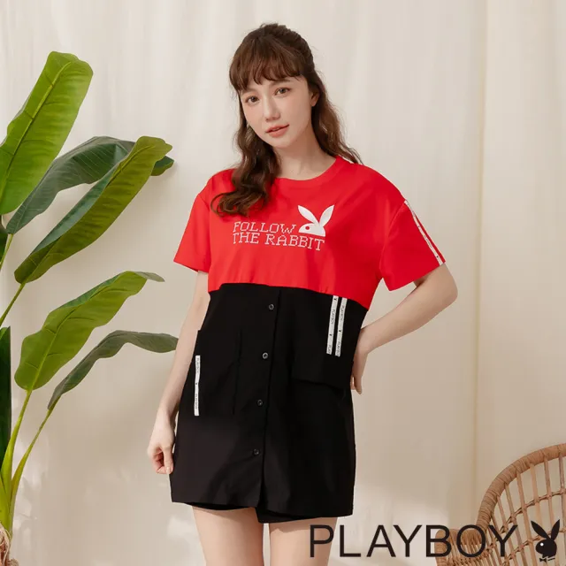 【PLAYBOY】黑紅拼接潮感長上衣(紅色)